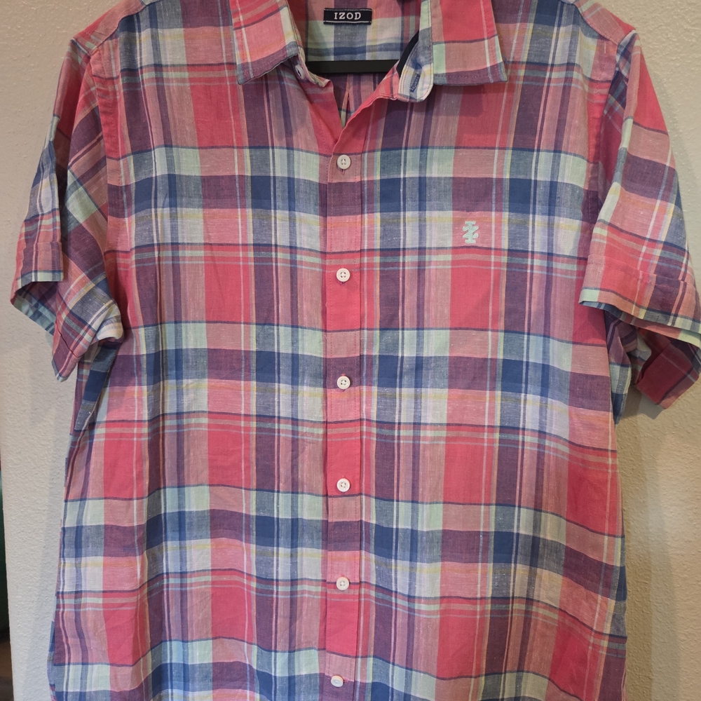 IZOD Men's Pink Plaid Short Sleeve Shirt Large